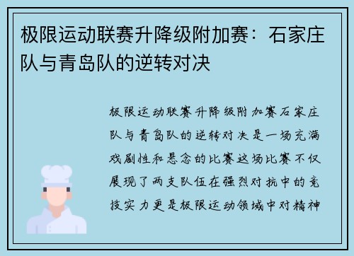 极限运动联赛升降级附加赛：石家庄队与青岛队的逆转对决