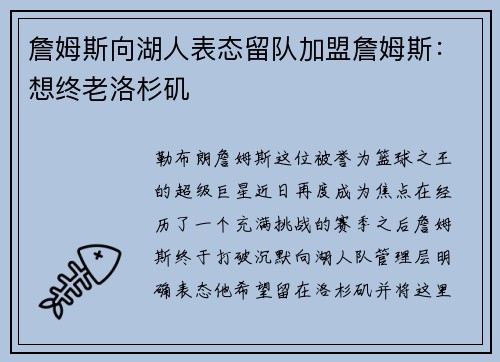 詹姆斯向湖人表态留队加盟詹姆斯：想终老洛杉矶